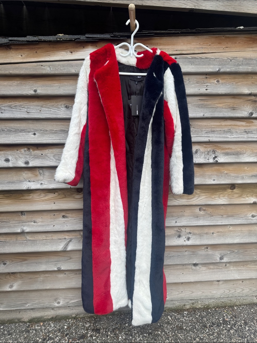 Fashion Nova Plush Long Stripe Teddy Coat in Red, White & Black
